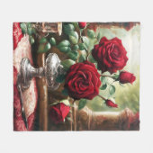 レッドローゼフラワーズアートヴィンテージ フリースブランケット (正面(横))