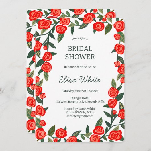 レッドローゼフレームブライダルシャワーカスタムQRコード 招待状 (正面/裏面)