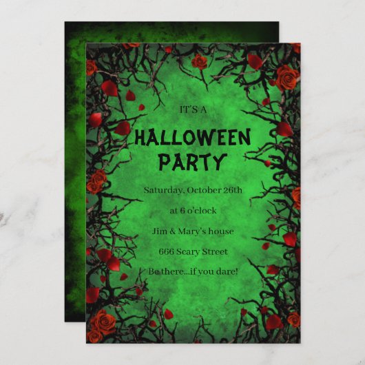 レッドローゼブラックつる植物グリーンパーチメントハロウィーン 招待状 (正面/裏面)