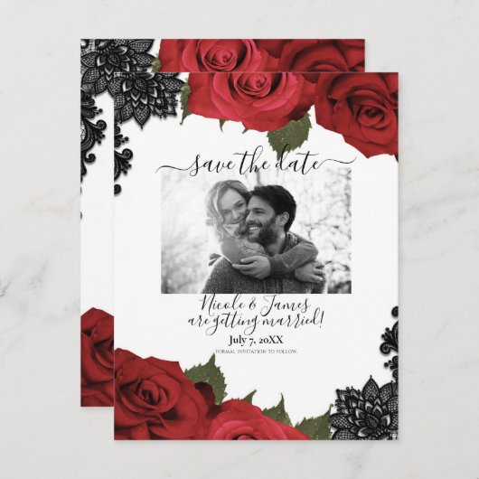 レッドローゼブラックレースホワイトウェディング日付を保存 招待状 (正面/裏面)