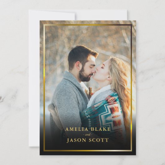 レッドローゼブーケ | 黒い金ゴールドフレーム結婚の写真 招待状 (裏面)