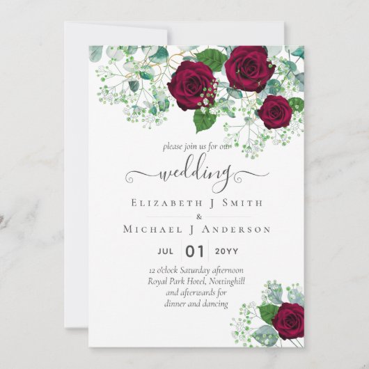 レッドローゼユーカリプトゥス印刷またはデジタ結婚ル 招待状 (正面)