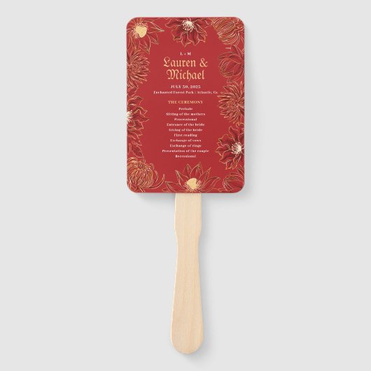 レッドロータス《植物》スイレンフラワーオリエンタル結婚フローラ ハンドファン (正面)