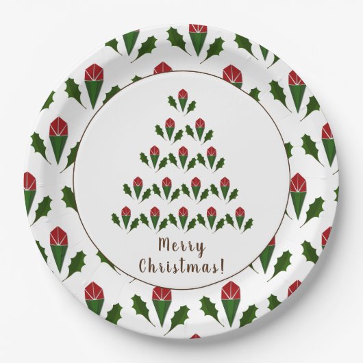 レッドロ鮮やかーズホリークリスマスツリーホリデー ペーパープレート (正面)