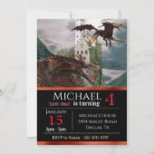 レッドワイバーンドラゴン中世キャッスルメタリック誕生日 招待状 (正面)