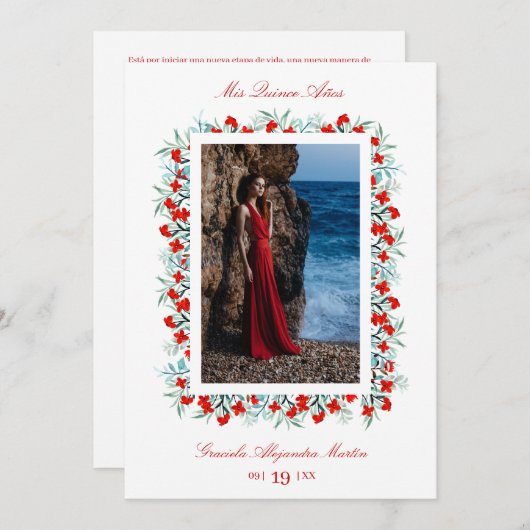 レッドワイルドフラワーズガーランドキンセニェラアパート 招待状 (正面/裏面)