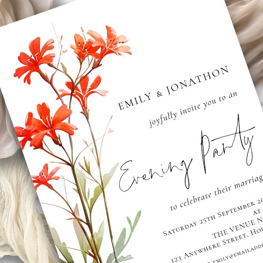 レッドワイルドフラワー結婚ズ夕べパーティの招待状 ポストカード