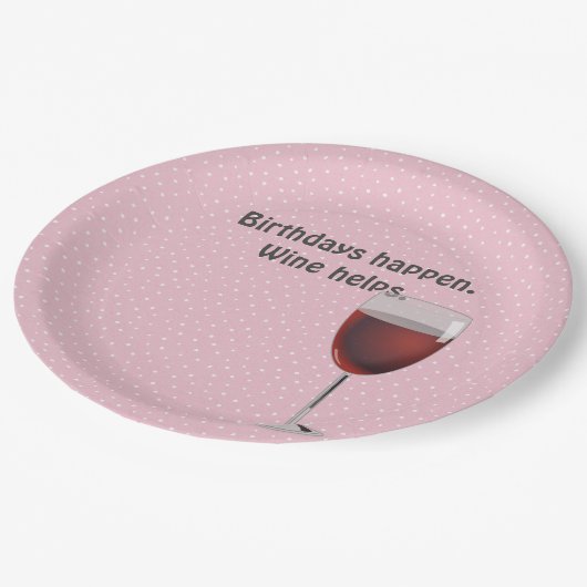 レッドワインと水玉模様誕生日 ペーパープレート (アングル)