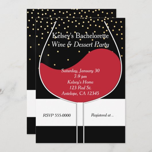 レッドワイングラスモダンシックパーティの招待状 招待状 (正面/裏面)