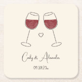 レッドワイングラス結婚婚約記念日 スクエアペーパーコースター (正面)