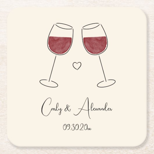 レッドワイングラス結婚婚約記念日 スクエアペーパーコースター (正面)