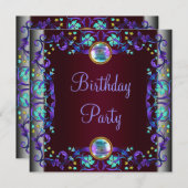 レッドワインパープルティール(緑がかった色)ブルーバースデーパーティー 招待状 (正面/裏面)