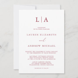 レッドワインモノグラムシンプルミニマリスト結婚ズインビタ 招待状