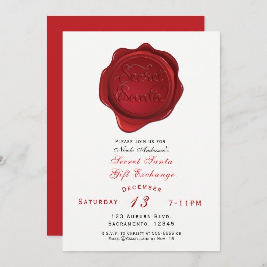 レッドワックスシールシークレットサンタホリデークリスマスパーティー 招待状 (正面/裏面)