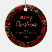 レッドワンラインアートメリークリスマスファミリーフォト セラミックオーナメント (裏面)