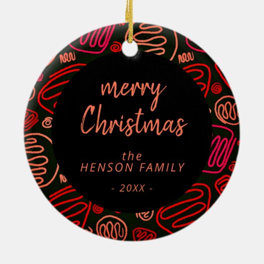 レッドワンラインアートメリークリスマスファミリーフォト セラミックオーナメント (裏面)