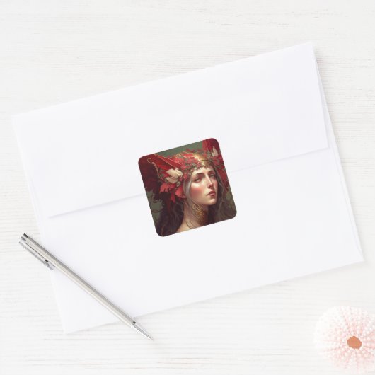 レッドヴァルキリーウーマンファンタジーアート スクエアシール (封筒)