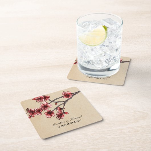 レッドヴィンテージさくらんぼフラムス紙コースター スクエアペーパーコースター (インサイチュ)