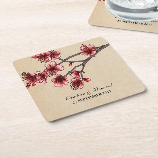 レッドヴィンテージさくらんぼフラムス紙コースター スクエアペーパーコースター (アングル)