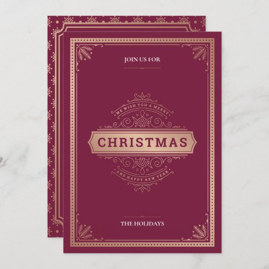 レッドヴィンテージエレガントスタイルクリスマスパーティー 招待状 (正面/裏面)