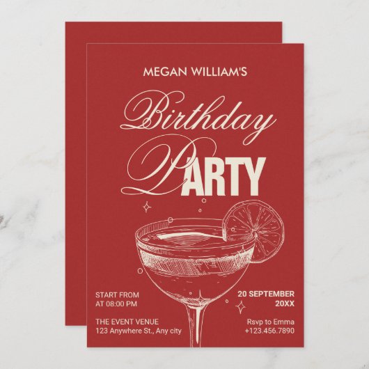 レッドヴィンテージカクテルバースデーパーティー 招待状 (正面/裏面)