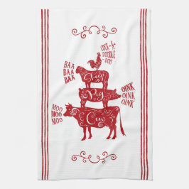 レッドヴィンテージカントリーファームハウススタックファームアニマル キッチンタオル