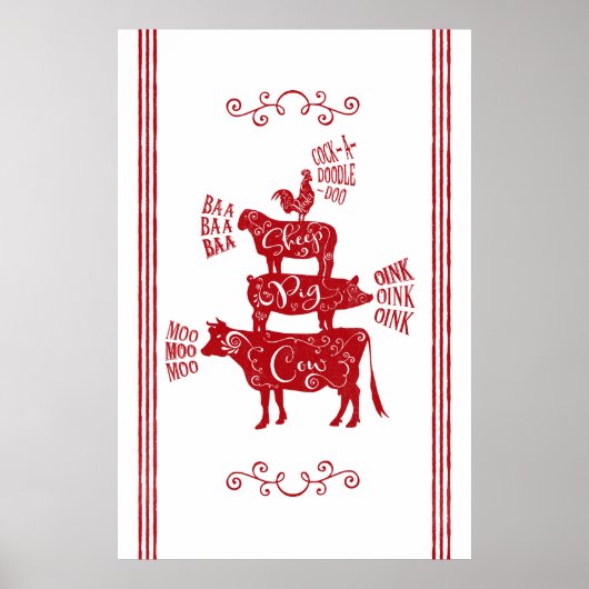 レッドヴィンテージカントリーファームハウススタックファームアニマル ポスター (正面)