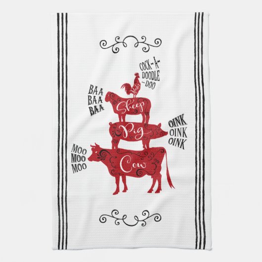 レッドヴィンテージカントリーファームハウス キッチンタオル (縦)