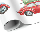 レッドヴィンテージカー&クリスマスツリーの水色 ラッピングペーパー (ロールコーナー)