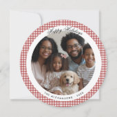 レッドヴィンテージギンガムラウンドホリデーフォト シーズンカード (正面)