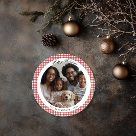 レッドヴィンテージギンガムラウンドホリデーフォト シーズンカード