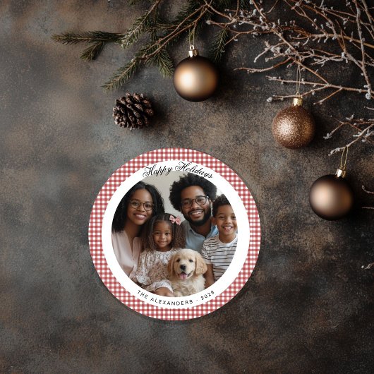 レッドヴィンテージギンガムラウンドホリデーフォト シーズンカード