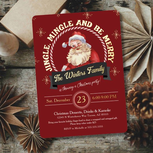 レッドヴィンテージサンタクロースキャンディーケーンクリスマスクリスマスパーティー 箔招待状