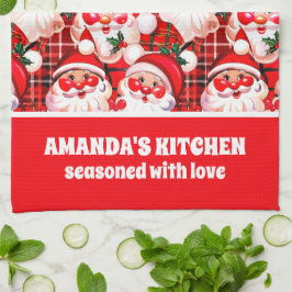 レッドヴィンテージサンタクロースタータンチェックプレイドクリスマス キッチンタオル