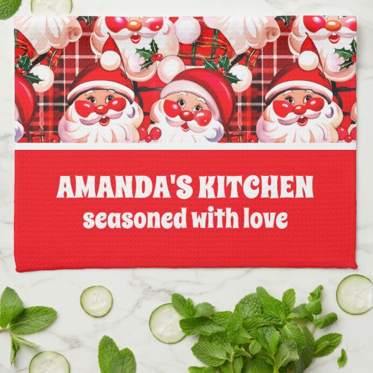 レッドヴィンテージサンタクロースタータンチェックプレイドクリスマス キッチンタオル (折り畳み)
