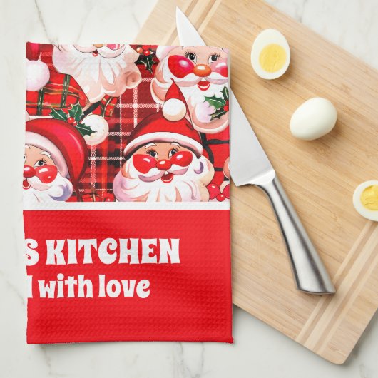 レッドヴィンテージサンタクロースタータンチェックプレイドクリスマス キッチンタオル (四つ折り)