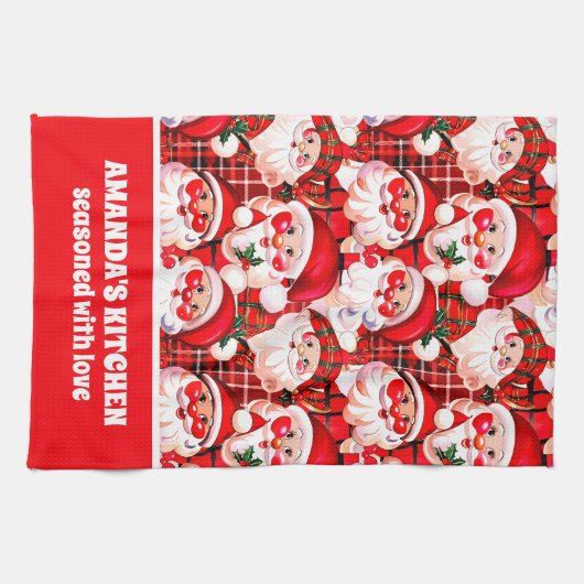 レッドヴィンテージサンタクロースタータンチェックプレイドクリスマス キッチンタオル (横)