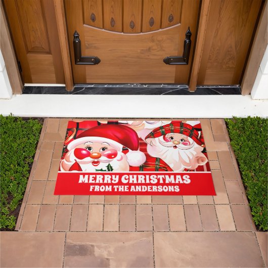 レッドヴィンテージサンタクロースタータンチェックプレイドクリスマス ドアマット (室外)