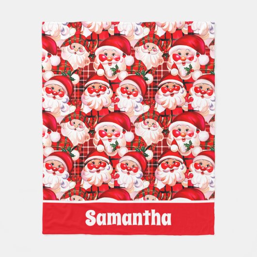 レッドヴィンテージサンタクロースタータンチェックプレイドクリスマス フリースブランケット (正面)