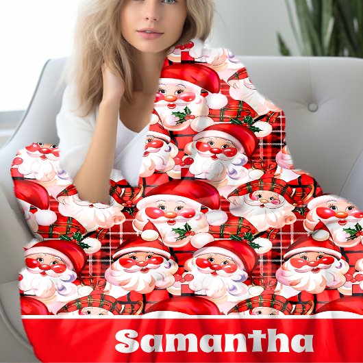 レッドヴィンテージサンタクロースタータンチェックプレイドクリスマス フリースブランケット
