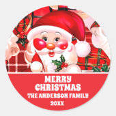 レッドヴィンテージサンタクロースタータンチェックプレイドクリスマス ラウンドシール (正面)