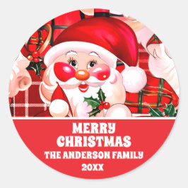 レッドヴィンテージサンタクロースタータンチェックプレイドクリスマス ラウンドシール