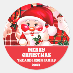 レッドヴィンテージサンタクロースタータンチェックプレイドクリスマス ラウンドシール