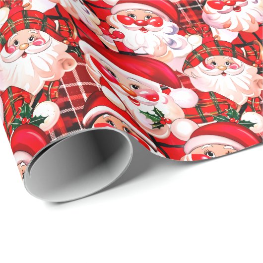 レッドヴィンテージサンタクロースタータンチェックプレイドクリスマス ラッピングペーパー (ロールコーナー)