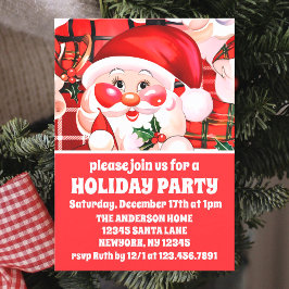 レッドヴィンテージサンタクロースタータンチェックプレイドクリスマス 招待状