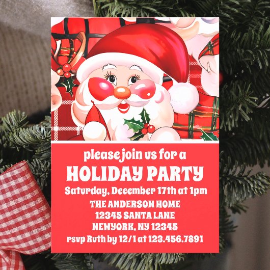レッドヴィンテージサンタクロースタータンチェックプレイドクリスマス 招待状