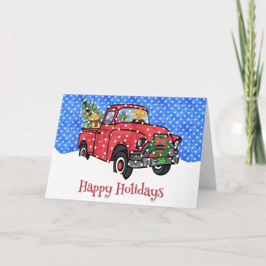 レッドヴィンテージスノークリスマストラックゴールデンレトリバー シーズンカード (正面)