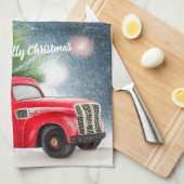 レッドヴィンテージトラックとツリーカスタム休日 キッチンタオル (四つ折り)