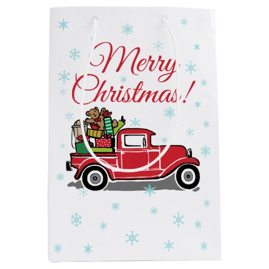 レッドヴィンテージトラッククリスマストイズホリデー ミディアムペーパーバッグ (正面)