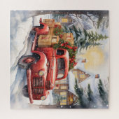 レッドヴィンテージトラッククリスマスホリデースノーウィンター ジグソーパズル (横)